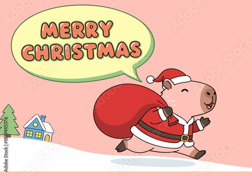 A cute cartoon capybara dressed as Santa Claus runs through a snowy landscape carrying a gift sack, with a 