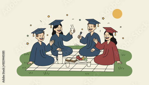 A scenic outdoor picnic with graduates enjoying food and drinks laughing and sharing memories together.