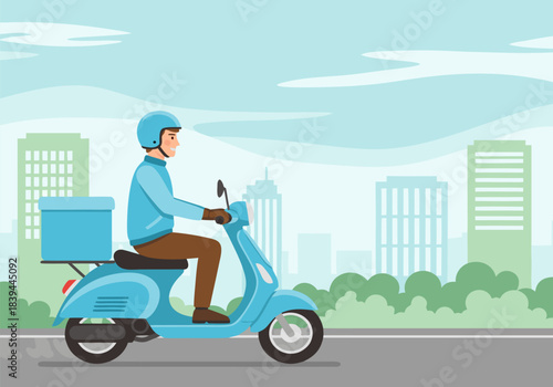 A delivery person on a blue scooter with a box, riding through a city street with buildings and trees in the background.