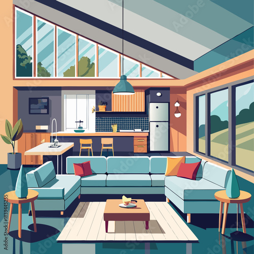 Modern Spacious Living Room with Large Windows Illustration