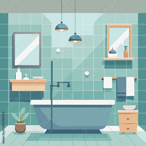 Contemporary Green Tile Bathroom Interior Illustration