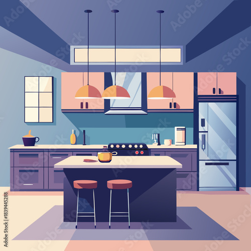 Modern Minimal Blue-Themed Kitchen Illustration
