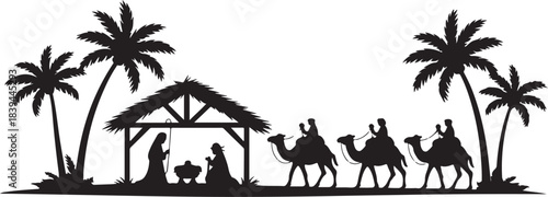 Christmas Nativity scene silhouette with wise men riding camels and palm trees