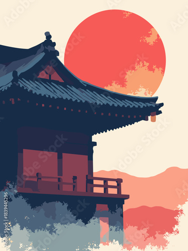 Shinto shrine roof corner with tall curved eaves, architectural detail silhouette against a large red sun, spiritual, vertical view, flat vector, white background, 9:16 aspect ratio