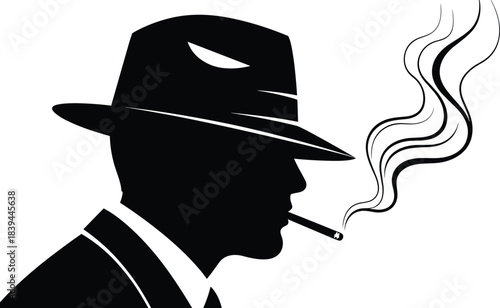 Black silhouette of a man in a fedora hat smoking a cigarette with smoke rising vector