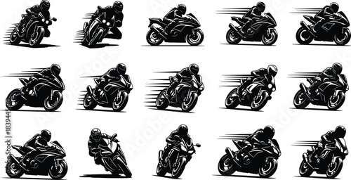 Black silhouette of motorcycle racers on sport bikes in various dynamic poses and speeds