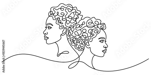 Minimalist single line drawing of the female gender symbol with flowing abstract curves, representing femininity, womanhood, and identity in an artistic, elegant style. Vector, illustration