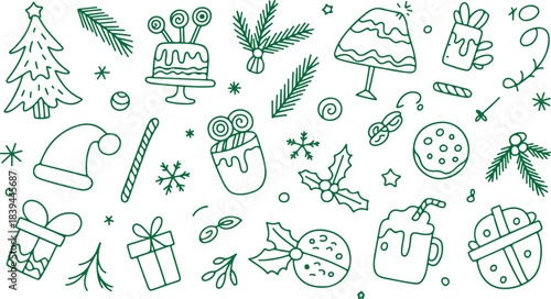 Festive green line art Christmas elements and holiday doodles