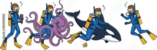 Cartoon divers interacting with octopus orca whale and fish underwater scuba diver