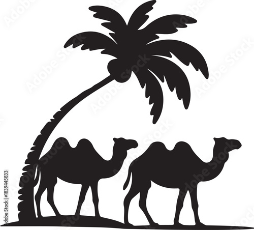 Silhouetted camels journey across sandy dunes near a tropical palm oasis