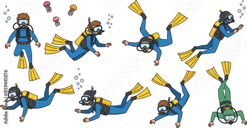 Cartoon divers in blue and green wetsuits with yellow fins swimming underwater with jellyfish and bubbles