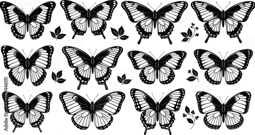 Collection of black and white butterfly silhouettes with leaves and floral elements