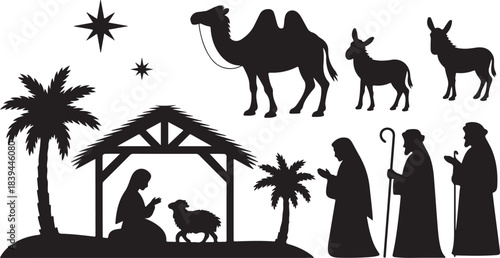 Silhouette of the Birth of Jesus Christ with Shepherds and Desert Animals