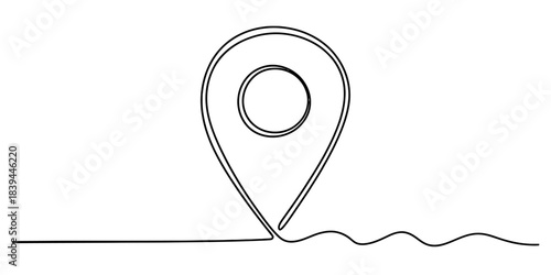 Continuous line drawing of a minimalist location pin icon with a straight and wavy path, symbolizing journey, navigation, and finding a precise destination. Vector, illustration