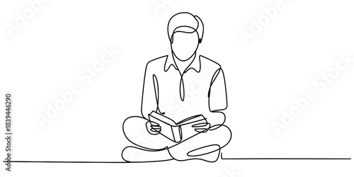 A single continuous line art drawing of a minimalist person sitting cross-legged on the floor reading a book, symbolizing education, knowledge, and quiet contemplation. Vector, illustration