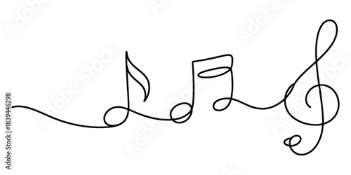Continuous one line drawing of musical notes and treble clef symbol. minimalist art illustration of melody, harmony, rhythm, and sound concept. Vector, illustration