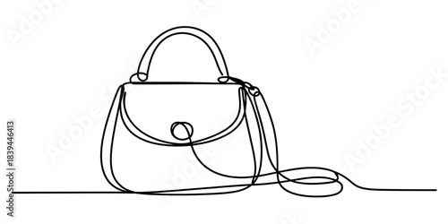 Minimalist continuous line art drawing depicting a fashionable women's hand bag with a graceful top handle and elegant shoulder strap, clean vector graphic design Vector, illustration