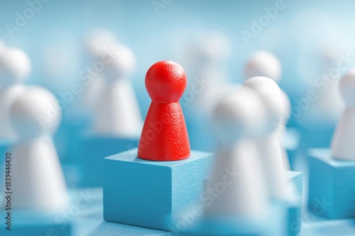 Red leader figurine elevated among white pawns on blue blocks--symbol of leadership