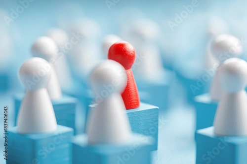 Red leader figurine elevated among white pawns on blue blocks--symbol of leadership