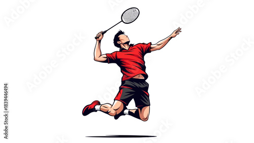 Dynamic Badminton Player in Action Jumping Smash Shot Athletic Sports Illustration