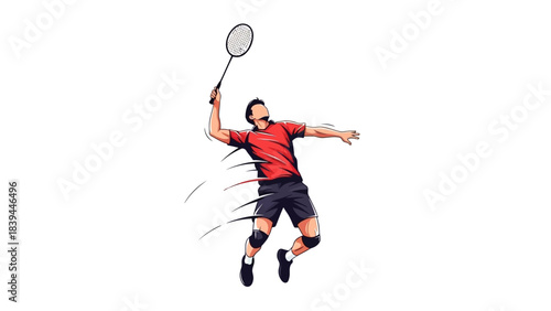 Dynamic Badminton Player Leaping to Smash with Racket Action Shot Illustration