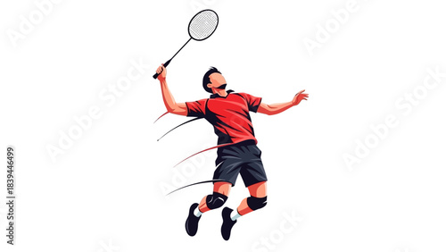 Dynamic Badminton Player Leaping to Smash Shuttlecock in Mid Air Action Sport Illustration