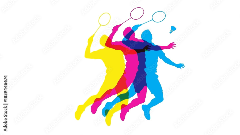 Obraz premium Dynamic Badminton Players Silhouette CMYK Color Spectrum Action Shot