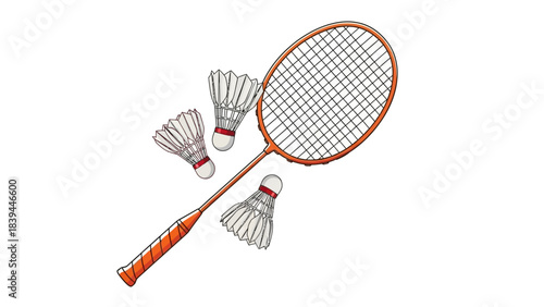 Badminton Racket and Shuttlecocks Isolated on White Background Sports Equipment Illustration