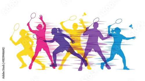 Dynamic Badminton Players Silhouette Group Action Shot Colorful Energy Sports Competition Fitness Activity