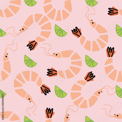 shrimp and lime in a flat minimal style.  Soft pink and green colors. Suitable for food design, seafood, menu graphics, packaging, fabric, stickers 