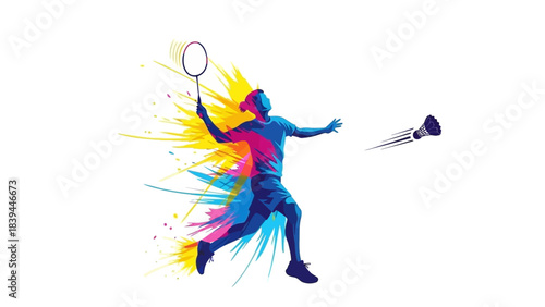 Dynamic Badminton Player in Action with Colorful Splash Effect