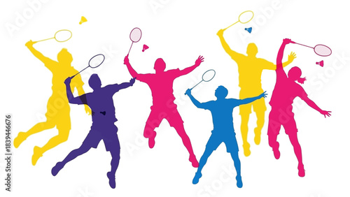 Joyful Group of Diverse Badminton Players Celebrating Victory Action Shot Silhouettes
