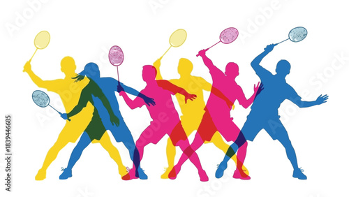 Energetic Badminton Players in Vibrant Silhouette Motion Sports Illustration