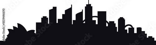 A striking black silhouette of a modern city skyline with diverse architectural styles isolated on white background