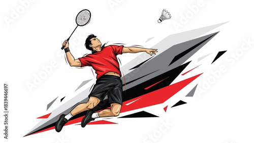 Dynamic Badminton Player Performing Smash Shot in Mid Air Action Illustration