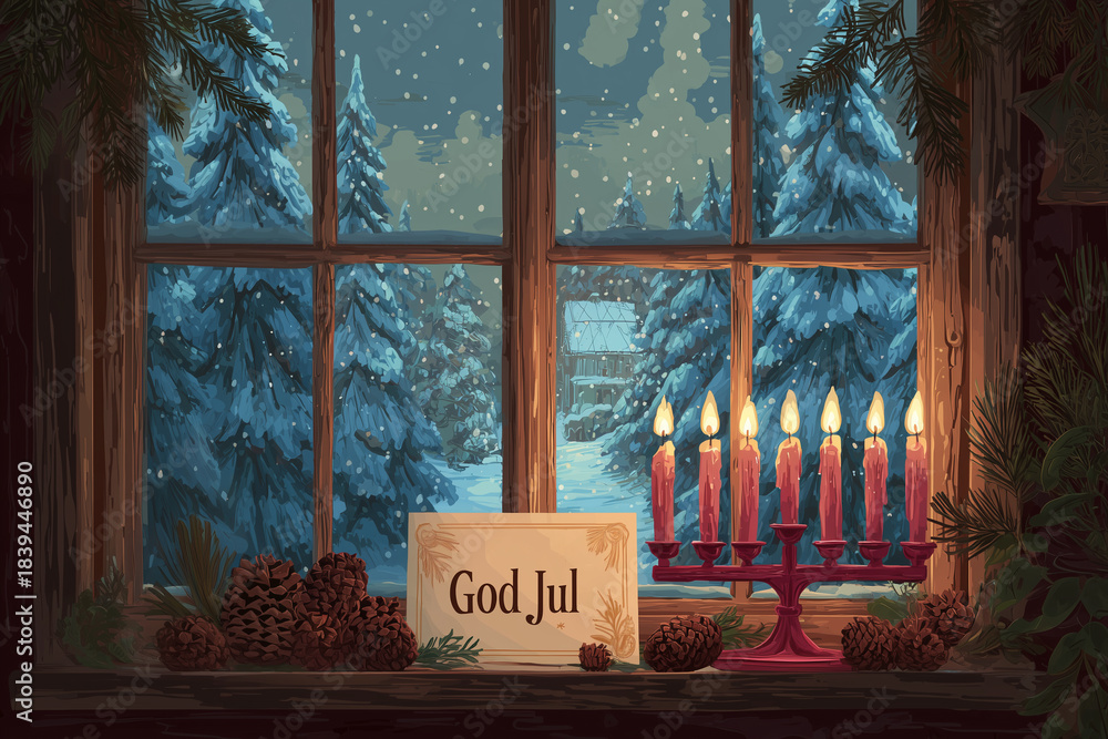 Fototapeta premium A minimalist Scandinavian Christmas card, flat design. A red menorah with seven lit candles stands on the windowsill. Outside is a simple stylized fir tree and star.Merry Christmas in Swedish God Jul