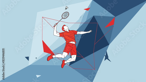 Dynamic Badminton Player Illustration Agile Athlete in Action on Geometric Background