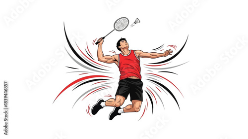 Dynamic Badminton Player Leaping for a Powerful Smash Shot Action Sports Illustration