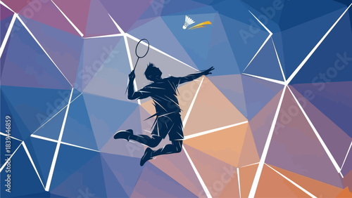 Dynamic Silhouette of Badminton Player Jumping to Smash Shuttlecock Against Abstract Geometric Background