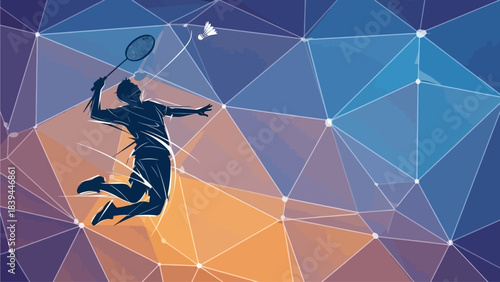 Dynamic Badminton Player Silhouette Leaping for a Smash Shot on Abstract Geometric Background