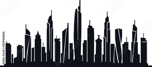 A detailed silhouette of a modern city skyline with numerous skyscrapers of varying heights isolated on white background