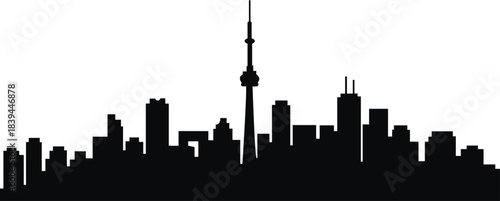 Distinctive silhouette of a city skyline featuring tall buildings and a prominent tower isolated on white background