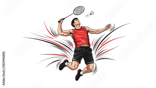 Dynamic Badminton Player Leaping to Smash Shuttlecock Action Sports Illustration