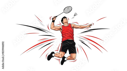Dynamic Badminton Player Leaping for a Powerful Smash in Mid Air Action Sports Illustration