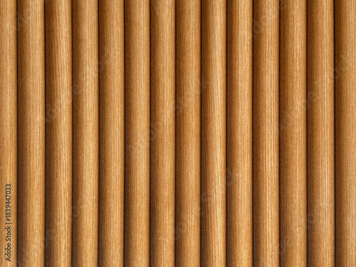 Natural brown oak wood fluted panel or fluted strips, rustic wood. Seamless background texture.