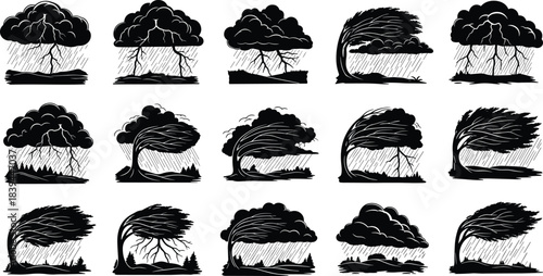 Collection of black silhouette storm clouds lightning rain and wind bent trees weather