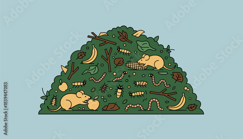 A nighttime scene showing a compost pile with various critters like mice and soildwelling insects busy at work.