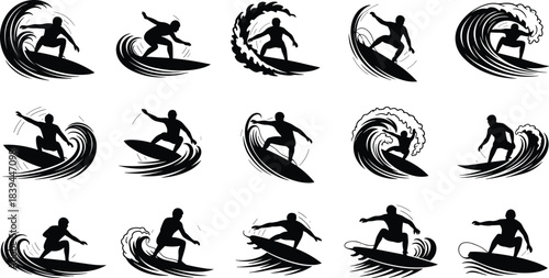 Collection of black silhouette surfers riding waves in various poses and styles surfing