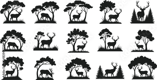 Collection of black silhouettes of deer and trees in various poses and settings stag