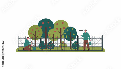 Gardeners tending to a small urban orchard filled with fruitbearing trees and shrubs surrounded by a chainlink fence.